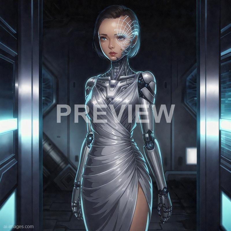 The image depicts a futuristic scene featuring a woman with a blend of human and robotic elements. She has a human face with short, dark hair and striking blue eyes, but her body is a sophisticated combination of sleek metallic and cybernetic parts, with visible joints and circuitry. She is wearing a form-fitting, metallic dress with a high slit, standing confidently in what appears to be a high-tech corridor illuminated by cool, blue lights and digital interfaces.